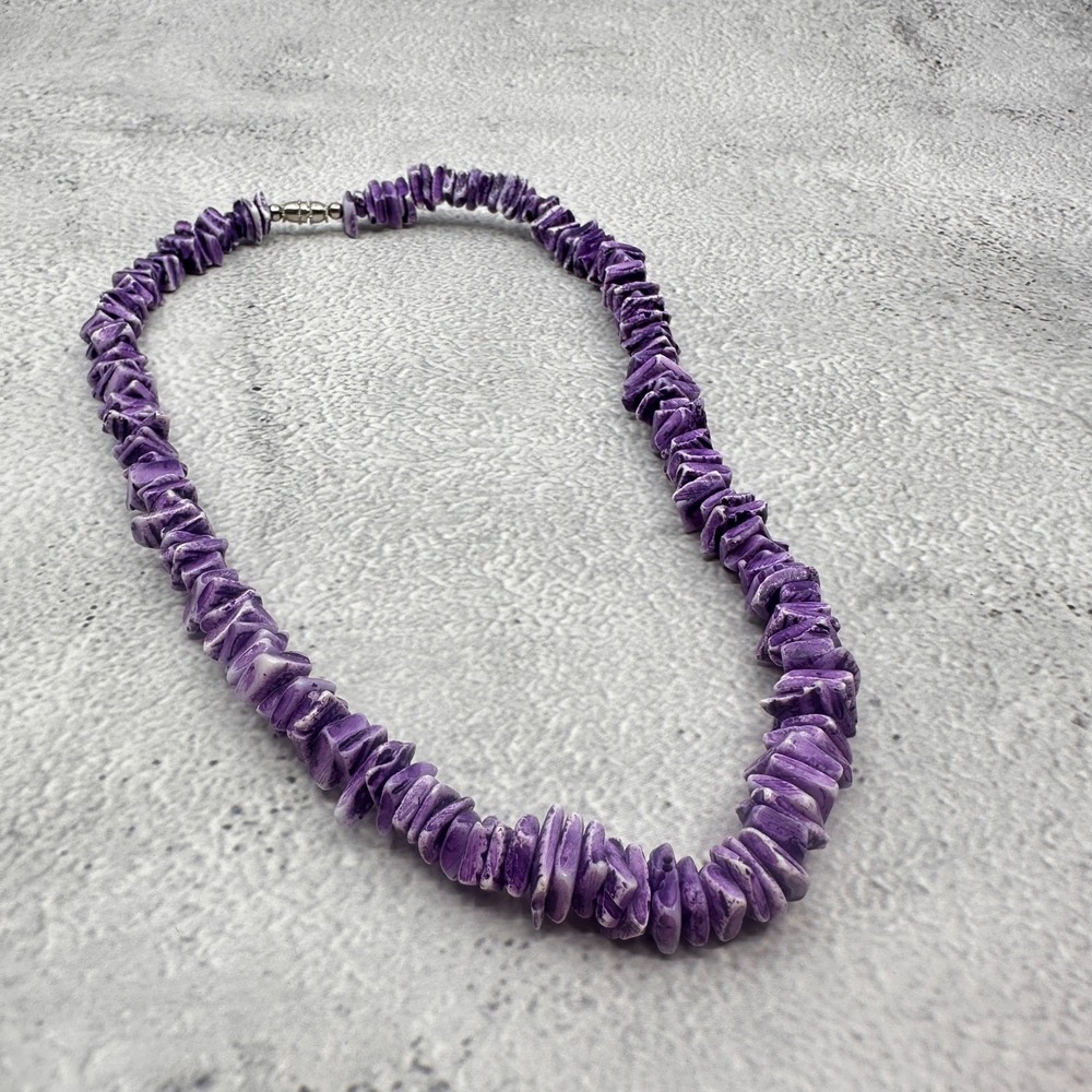 Purple White Chip Bead Necklace Barrel Clasp Boho Statement Vintage Gift
